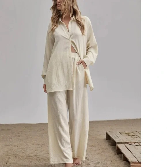 Shirt Pants 2 PC SET wide leg loose button collar spring summer womens cream - Picture 13 of 13